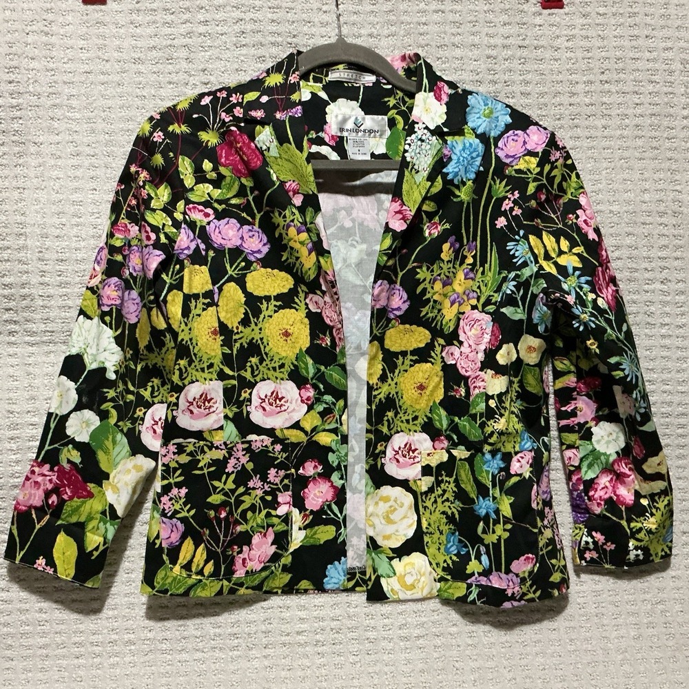 Erin London Stretch Women‎ Jacket Blazer S Black Vibrant Floral Roses Pansies